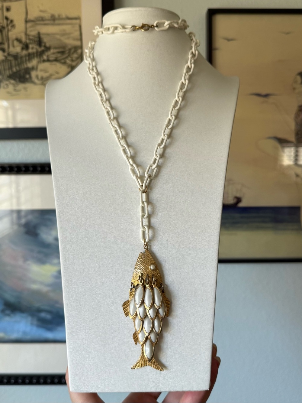 Vintage Articulated Fish Pendant Milk White Marquise Cabochon Goldtone Necklace